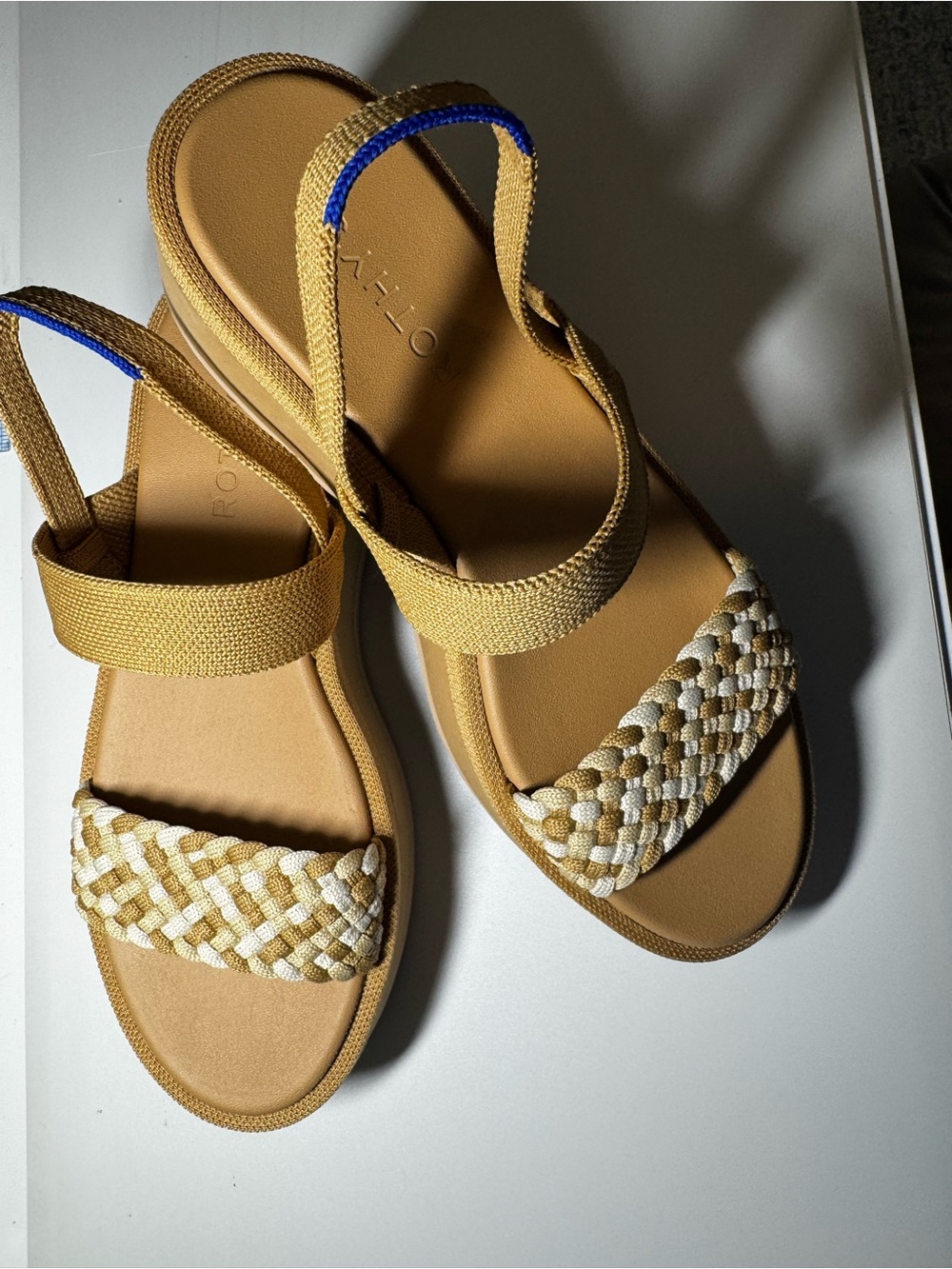 Rothy's Tan and Cream Braided Strap Platform Sandals with Blue Accent